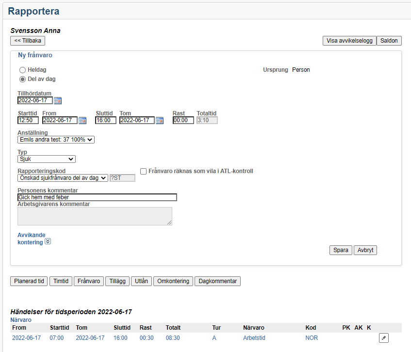 22 rapportera frånvaro del av dag