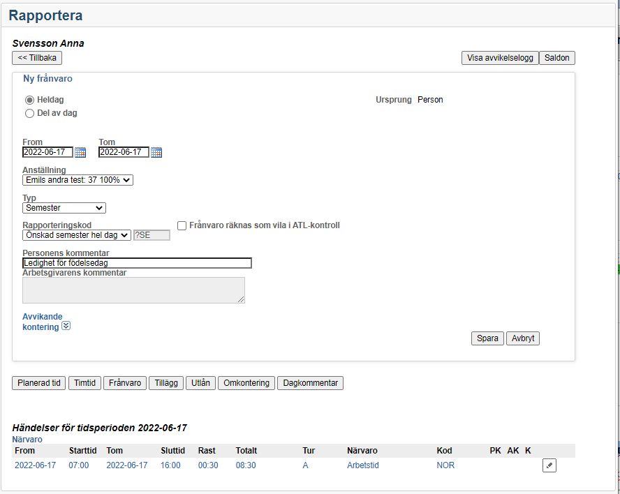 22 rapportera frånvaro heldag